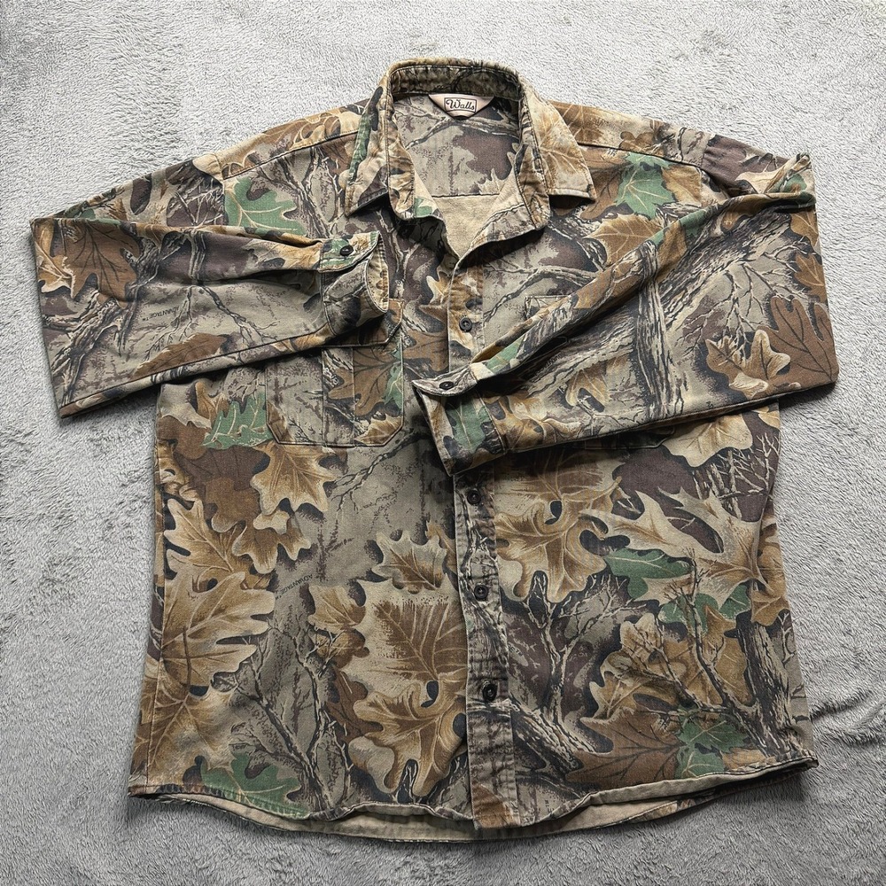 Walls Advantage Timber Camo Button Down Shirt Mens Long Sleeve Hunting Vintage